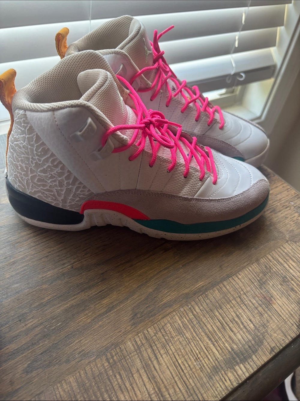 White vapor greens Jordan’s Women's High-Top Sneakers with Pink Laces